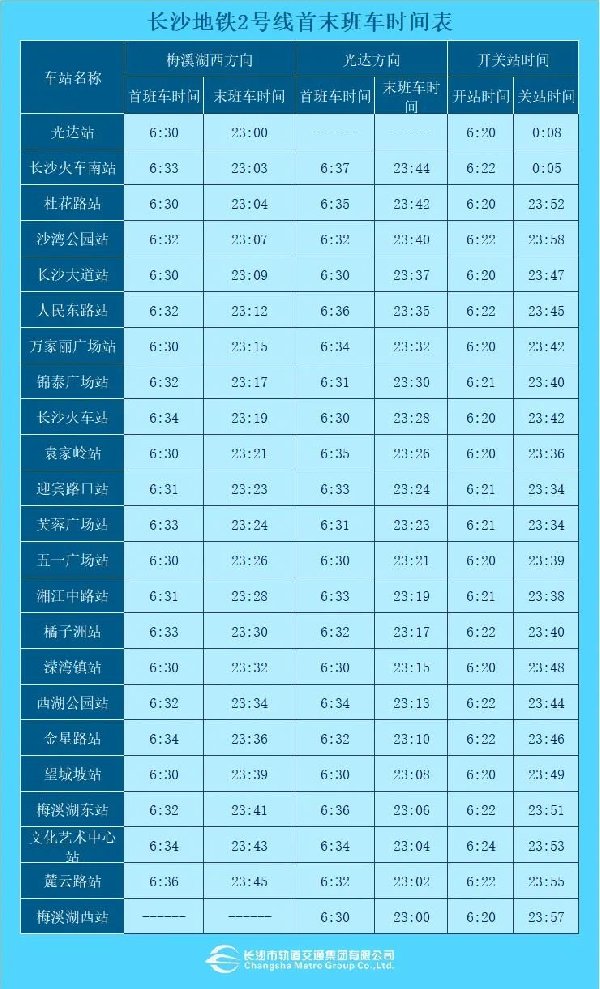 长沙地铁2号线最新运营时间及时刻表