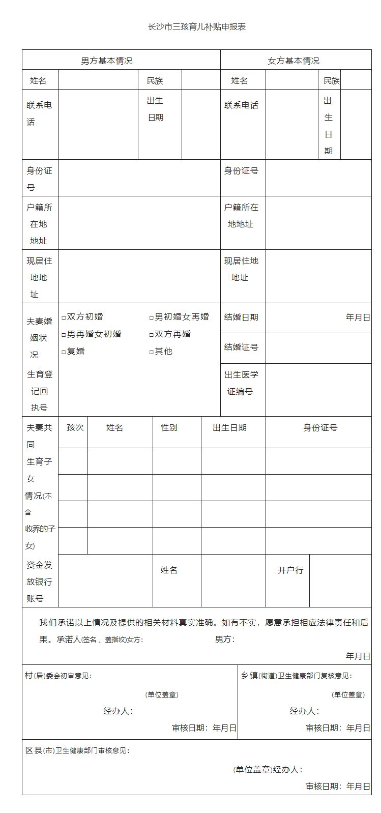 长沙三孩生育补贴申请材料清单